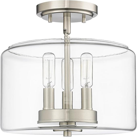 ML Lighting | Asheville Collection | 46923-BN | Metal 3-Light Semi-Flush in Brushed Nickel with Clear Glass Shade | for Compact Spaces Close to Ceiling | Modern Design with an Heirloom Quality
