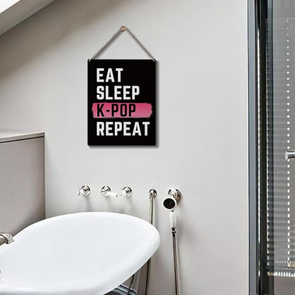 K-Pop Decor, Eat Sleep K-Pop Repeat Room Decor Wood Sign, Girls K-Pop Gifts Rustic Anime Lovers Wooden Hanging Plaque for Home Living Room Girl Bedroom Wall Art Decoration