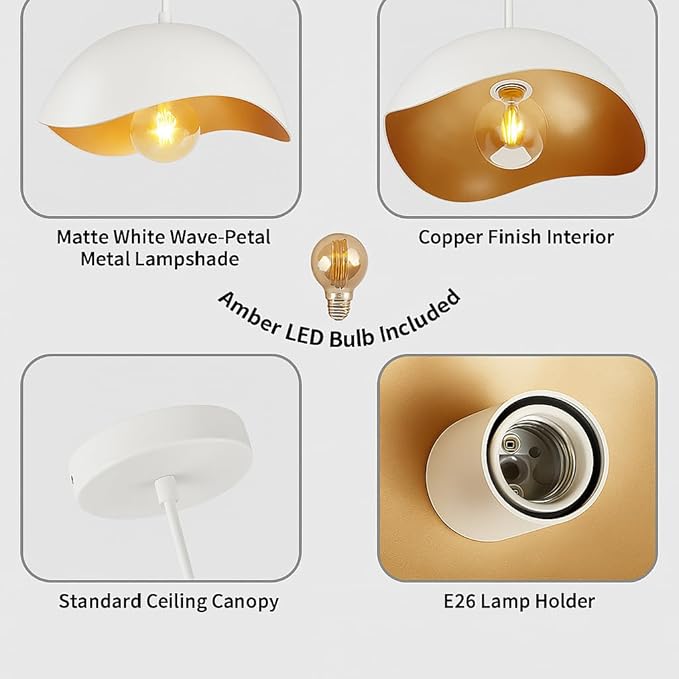 Modern White LED Pendant Light (LED Bulb Included), Soft Ambient Hanging Lamp, Minimalist Ceiling Fixture for Kitchen Island, Dining Room, Scandinavian Style Lighting (2 Pack)