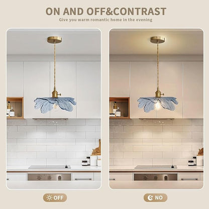 Vintage Glass Pendant Light Gold Brushed Brass Hanging Light with Blue Flower Glass Shade, Farmhouse Pendant Lighting for Kitchen Dining Room Bedroom, 1-Light