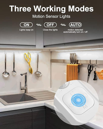 Motion Sensor LED Strip Light - Cabinet Strip Lights with 24W Plug, Dimmer, and Timing, 9.84ft for Under Cabinet, Kitchen, 6000K ColdWhite