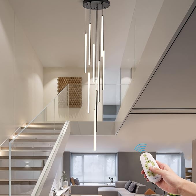 HuisMier Modern LED Chandelier, 10 Lights Black Dimmable Linear Pendant Light with Remote Control, High Ceiling Chandelier Adjustable Height for Staircase Living Room Hallway Foyer