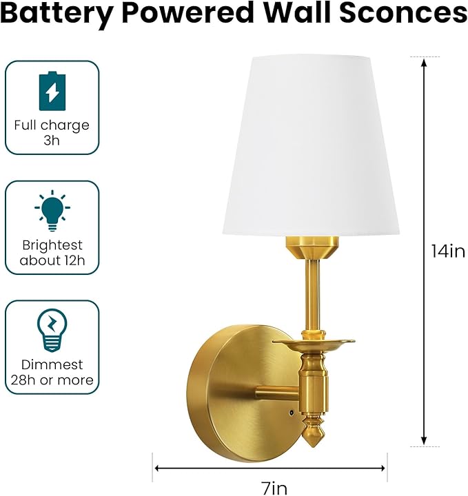 WOSHITU Battery Operated Wall Sconce: Brass Sconces Set of 2 with 2 Remote & 2 Dimmable Bulb Brushed Gold Rechargeable Cordless Sconces Wall Decor Set of Two Wall Light for Bedroom Living Room