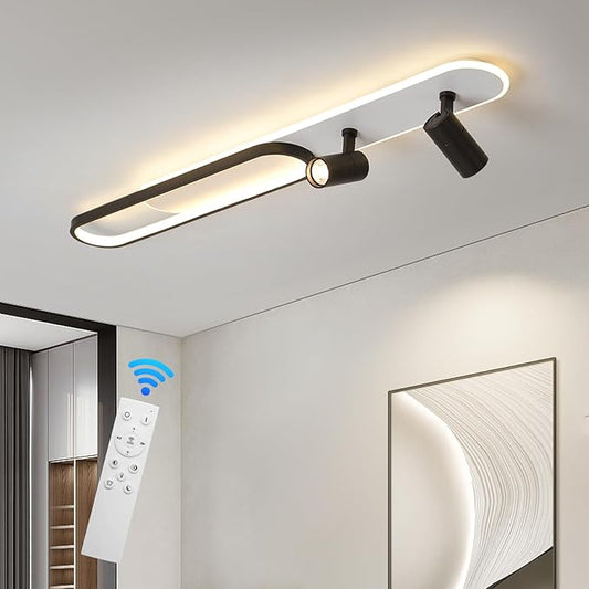 47.24In Modern LED Ceiling Light with 2 Spotlights 60W Black Linear Flush Mount Light Fixture with Remote Dimmable(3000-6000K) Long Kitchen Ceiling lamp for Living Room Bedroom Laundry Room