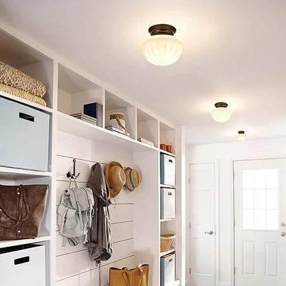 youngrender Black Schoolhouse Light Fixture Ceiling, 9 Inch Hallway Semi Flush Mount Ceiling Lighting, White Milk Glass Ceiling Lights Mid Century for Bedroom, Kitchen, Entryway