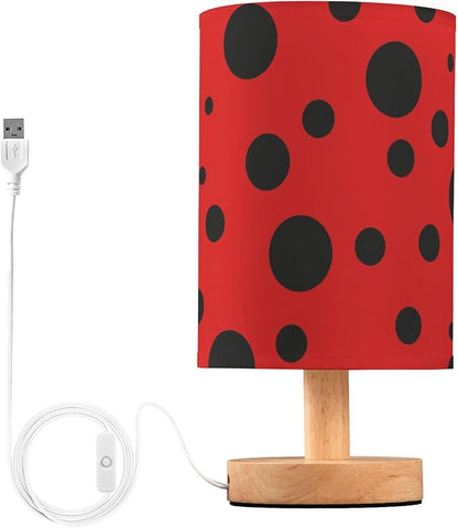 Ladybug Pattern Black Spots on Red Table Lamp with Wood Base Fabric Lamp Shade Bedside Nightstand Desk Lamp for Living Room Bedroom Kids Room Office