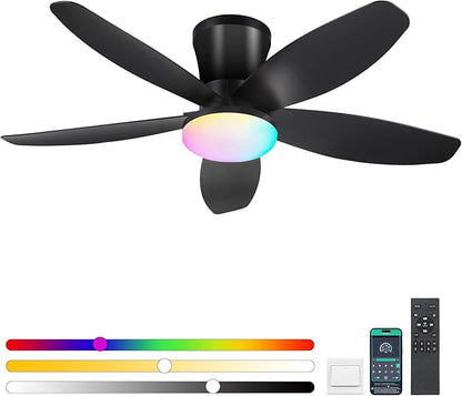 Surtime Flush Mount RGB Ceiling Fans with Lights-36 Low Profile Ceiling Fan with Light and Remote/APP Control,DC Reversible,LED Dimmable Blakc Ceiling Fans for Bedroom,Indoor/Outdoor Patio Use