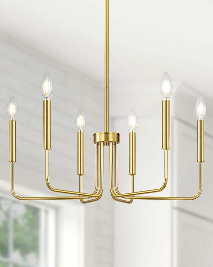 Yunnix Gold Chandelier 6-Light Modern Vintage Candle Pendant Light Fixture in Brass for Dining Room, Kitchen Island, Bedroom and Foyer Lighting (Bulb Not Included)