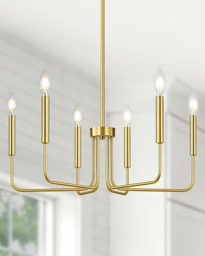 Yunnix Gold Chandelier 6-Light Modern Vintage Candle Pendant Light Fixture in Brass for Dining Room, Kitchen Island, Bedroom and Foyer Lighting (Bulb Not Included)