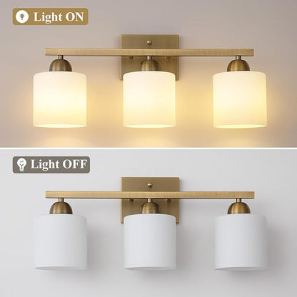 Mecgirn Milk Glass Vanity Lights for Bathroom, 3 Light Brass Bathroom Light Fixtures Over Mirror, Ceramic E26 Sockets Wall Mounted