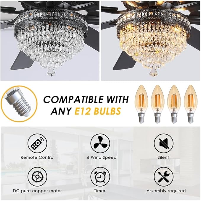 Asyko 72" Crystal Ceiling Fan Fandelier with Lights - Modern Crystal Chandelier Fans with Remote Control,Noiseless DC Motor, Retro/Farmhouse Lighting, Dining Room,Living Room