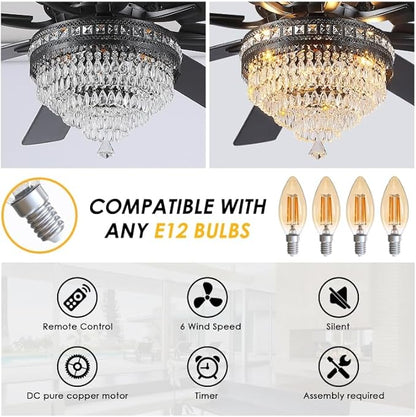 Asyko 72" Crystal Ceiling Fan Fandelier with Lights - Modern Crystal Chandelier Fans with Remote Control,Noiseless DC Motor, Retro/Farmhouse Lighting, Dining Room,Living Room