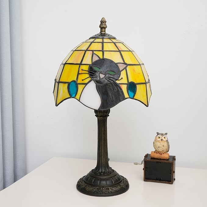 Tiffany Stained Glass Small Cat Table Lamp Elegant Cute Vintage Style White Black Cat Lamp for Nightstand Bedroom Home Decor Kitchen Counter Antique Living Room Office Desk Bedside Night Lamps