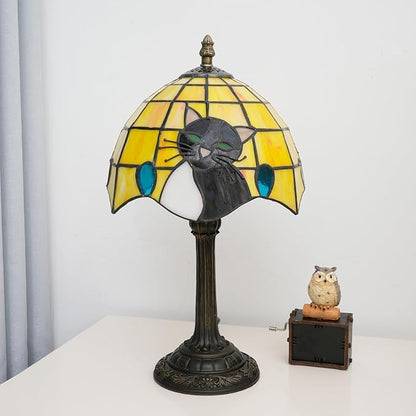 Tiffany Stained Glass Small Cat Table Lamp Elegant Cute Vintage Style White Black Cat Lamp for Nightstand Bedroom Home Decor Kitchen Counter Antique Living Room Office Desk Bedside Night Lamps