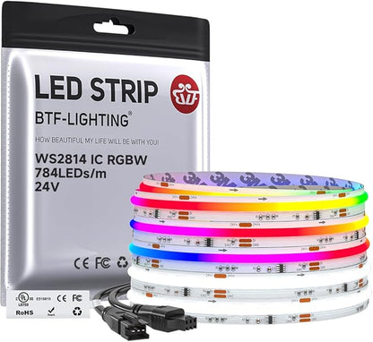 BTF-LIGHTING FCOB COB LED Strip Light, WS2814 Smart IC RGBW 6000K Color Chasing Light, UL Listed DC24V 16.4FT 784LEDs/m High Density 10mm Width for Home Party DIY Decor(No Adapter or Controller)