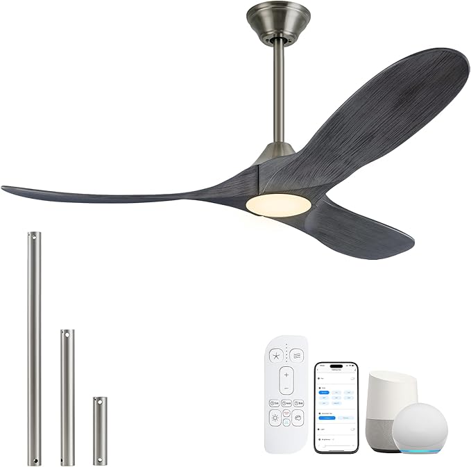 70 inch Large Ceiling Fans with Light, Modern Smart Ceiling Fan with Tuya App/ Alexa/ Google Assistant, Gray Solid Wood Ceiling Fan with Rebersible DC Motor, 3 Blades for Commercial Shop Living Room