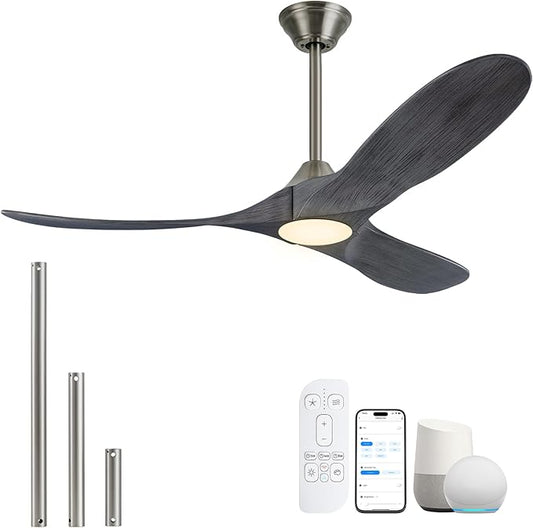 70 inch Large Ceiling Fans with Light, Modern Smart Ceiling Fan with Tuya App/ Alexa/ Google Assistant, Gray Solid Wood Ceiling Fan with Rebersible DC Motor, 3 Blades for Commercial Shop Living Room