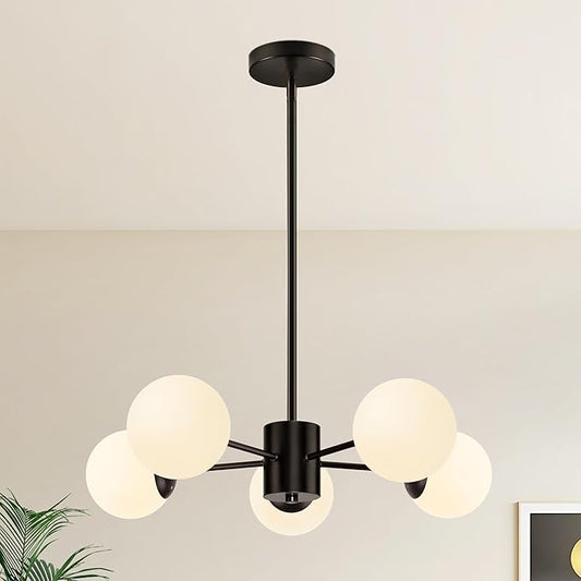 Bagood 5-Light Globe Sputnik Chandelier Mid Century Sputnik Chandeliers Modern Black Globe Pendant Light Matte Black Finished with White Frosted Glass Lampshade for Dining Room Bedroom Kitchen
