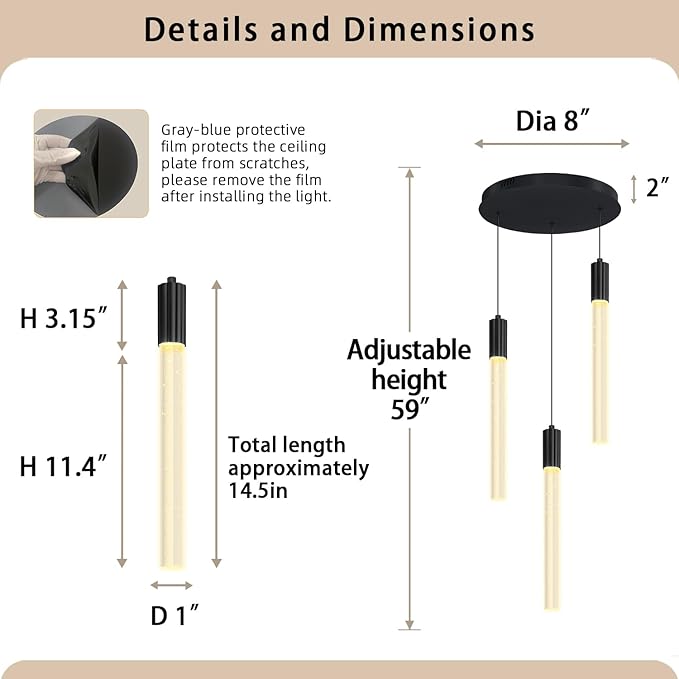 3-Lights Pendant Lights Modern LED Kitchen Island Chandelier Remote Dimmable Bubble Crystal Pendant Light Black Corner Fixture for Dining Room Living Room Foyer
