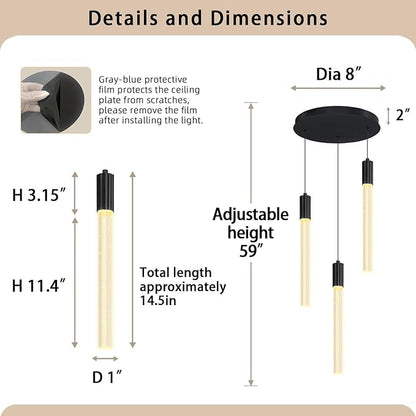 3-Lights Pendant Lights Modern LED Kitchen Island Chandelier Remote Dimmable Bubble Crystal Pendant Light Black Corner Fixture for Dining Room Living Room Foyer
