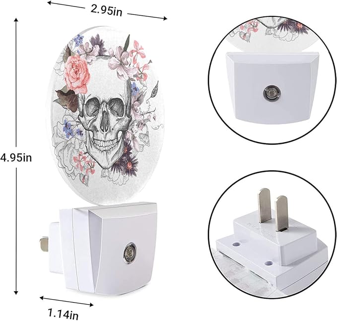 EKOBLA Floral Skull Plug-in Night Light, Goth Sugar Skull & Pink Rose LED Nightlight with Auto On/Off for Bedroom, Bathroom & Gothic Decor