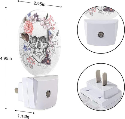 EKOBLA Floral Skull Plug-in Night Light, Goth Sugar Skull & Pink Rose LED Nightlight with Auto On/Off for Bedroom, Bathroom & Gothic Decor