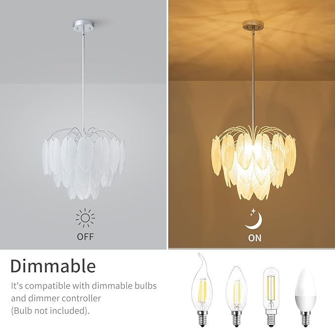 LumFurn 6-Light Glass Chandeliers, Modern 3-Tier Pendant Light Fixture for Dining Room, Living Room, D17.7 x H19~51 Inch Adjustable Height, Frosted Feather-Shaped Glass Shade & Chrome Finish Frame