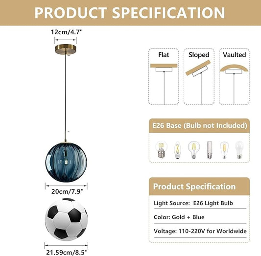 KCO Lighting Glass Globe Pendant Light Single Blue Pendant Lights Kitchen Island Brushed Gold Hanging Light Fixture Mid Century Retro Hanging Lamp Vintage Striped Pendant Light