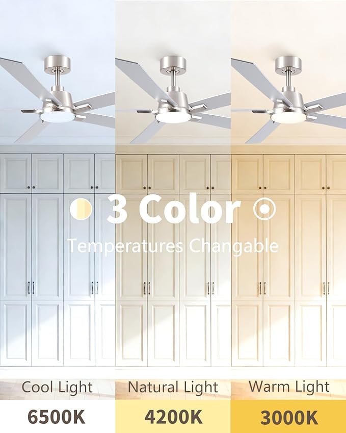 60 Inch Ceiling Fans with Lights and Remote, Brushed Nickel Ceiling Fan, 5 Blades, Modern Design For Indoor Bedroom Living Room/Outdoor, 6 Speed Reversible DC Motor, 3CCT Dimmable LED Includes Downrod