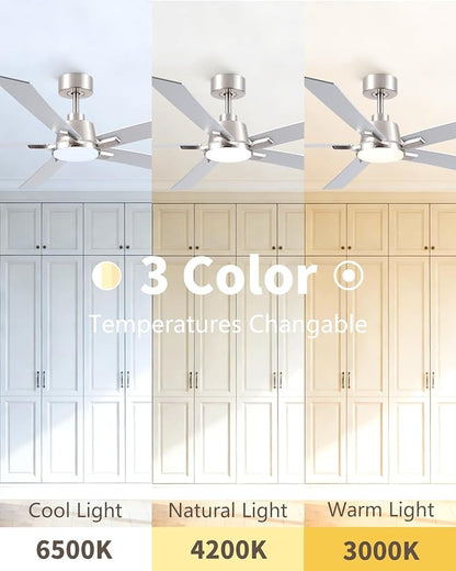 60 Inch Ceiling Fans with Lights and Remote, Brushed Nickel Ceiling Fan, 5 Blades, Modern Design For Indoor Bedroom Living Room/Outdoor, 6 Speed Reversible DC Motor, 3CCT Dimmable LED Includes Downrod