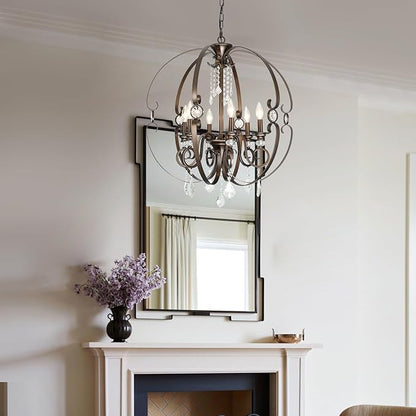 Oil-Rubbed Bronze Crystal Chandeliers for Dining Room Light Fixture, 6-Light 26 Inch Sphere Vintage Chandelier for Kitchen Island, Living Room, Foyer, Staircase, Entry, Villa