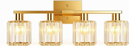Crystal Bathroom Light Fixtures, 4-Light Brushed Gold, Vanity Lights for Bathroom Over Mirror, Modern Bath Wall Sconce for Mirror Bedroom Living Room