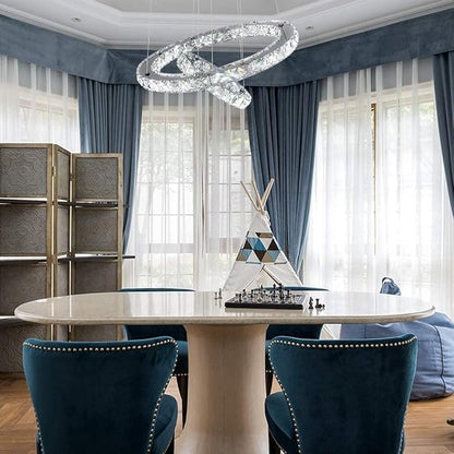 Modern Crystal Chandeliers Dimmable Round Pendant Lighting with Remote 2 Rings LED Ceiling Hanging Light Fixture for Foyer Dining Room Living Room Bedroom, 3000K/4000K/6000K 15.75”+7.7”