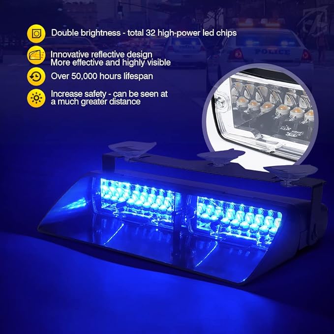 Xprite 2×11 inch High Intensity Blue 32 LED Emergency Strobe Dash Lights, Interior Windshield Flashing Police Light w/Suction Cups for Police Law Enforcement POV Vehicles Trucks
