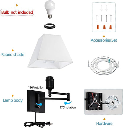 Swinging arm wall lamp, Fabric lampshade, with Plug and dimming Rotary Switch, USB and Type-C Charging Port, Suitable for Bedside, Living Room, Hotel and Bedroom wall Lamps