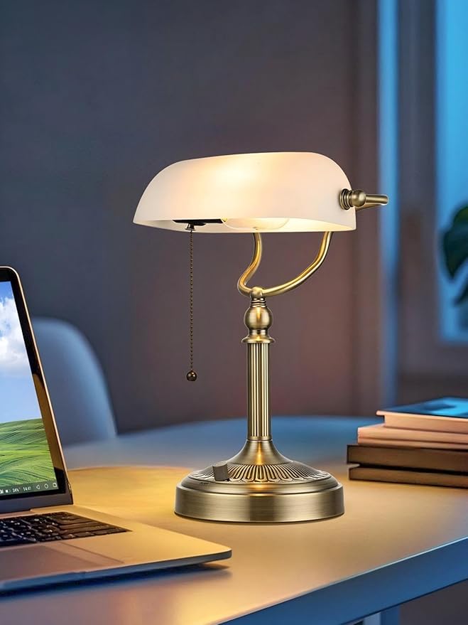 White Matted Glass Bankers Desk Lamp, Stepless Dimmable Table Lamp Plug in Fixture for Study, Home Office,Library, LED Bulb Included