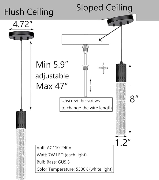 HAIXIANG Set of 2 Pendant Lights for Kitchen Island, White Light, Black Crystal Linear Pendant Lighting, Bar Corner LED Light Fixture