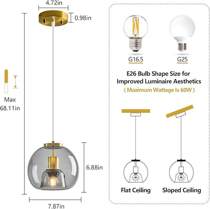 Light Grey Glass Pendant Lights Kitchen Island Gold Hanging Light Fixture Glass Globe Pendant Light Modern Pendant Lighting for Kitchen Island Bedroom Dining Room (7.87", 1 Pack)