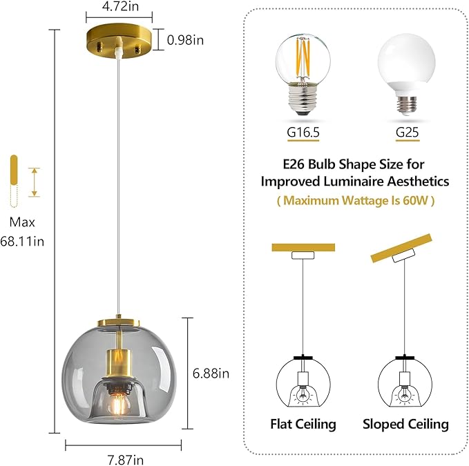 Light Grey Glass Pendant Lights Kitchen Island Gold Hanging Light Fixture Glass Globe Pendant Light Modern Pendant Lighting for Kitchen Island Bedroom Dining Room (7.87", 2 Pack)
