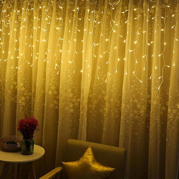 ZIMINGU Icicle Diwali Lights Outdoor, Christmas Hanging Window Curtains Dangling 16.4FT 216LEDs 8 Modes Weeping Willow Ceiling Fairy String Lights, Warm White, 5M