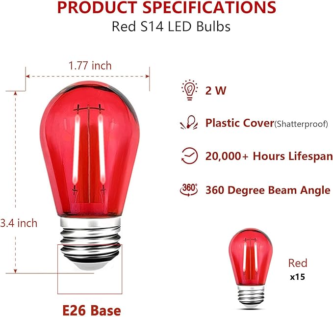 15 Pack S14 LED Red String Light Bulbs, Shatterproof 2 Watt Replacement Bulbs for Outdoor String Light, Waterproof Decorative E26 Base Red Filament Edison Christmas Light Bulbs, 120V