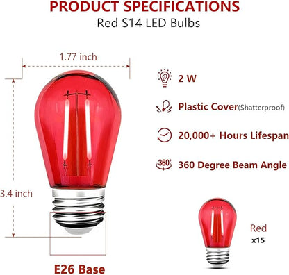 15 Pack S14 LED Red String Light Bulbs, Shatterproof 2 Watt Replacement Bulbs for Outdoor String Light, Waterproof Decorative E26 Base Red Filament Edison Christmas Light Bulbs, 120V