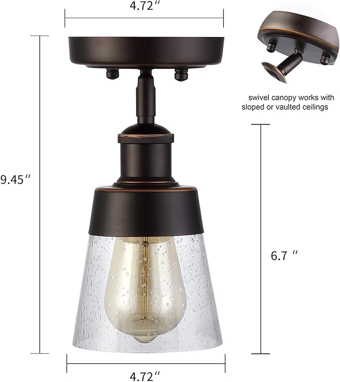 Fivess Lighting Rustic Glass Flush Mount Light Fixture Mini Clear Seeded Glass Shade Semi Flush Mount Ceiling Light for Hallway Farmhouse Kitchen Entryway, Oil Rubbed Bronze