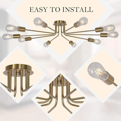 Kitchen Lighting Fixture Industrial Flush Mount Ceiling Light Mid Century 10 Light Sputnik Chandelier for Kitchen Dining Room Small Bedroom Living Room Brass Painted Metal Ceiling Lighting