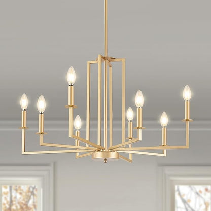 Modern Gold Chandelier, Farmhouse Candle Dining Room Chandeliers, Metal Hanging Pendant Light Fixture for Kitchen, Foyer, Bedroom, Living Room, Staircase, Entryway, 8-Light