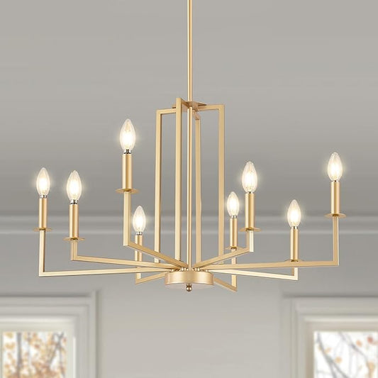 Modern Gold Chandelier, Farmhouse Candle Dining Room Chandeliers, Metal Hanging Pendant Light Fixture for Kitchen, Foyer, Bedroom, Living Room, Staircase, Entryway, 8-Light