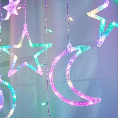 Star Moon Curtain Lights 138 LED, 7.5ft USB Powered Fairy String Lights with 8 Modes, Colorful (Pink Purple Green Warm White) Window Hanging Lights for Bedroom Kids Room Ramadan Eid Party Decor