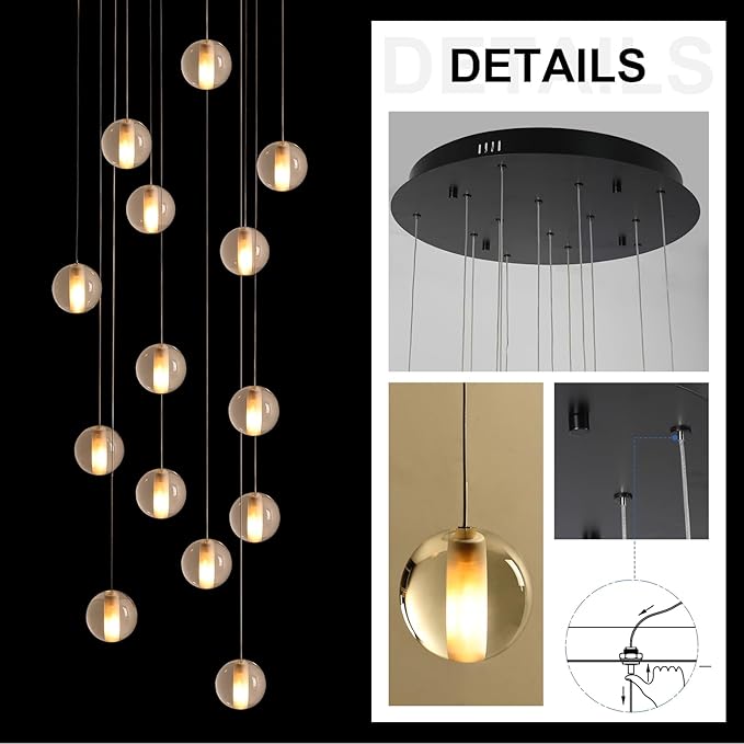 14 Lights Staircase Chandelier for High Ceiling, Dimmable Modern Crystal Raindrop Large Long Hanging Pendant Light for Stairwell Living Room Stair Foyer, Bulbs Included (Black Canopy)