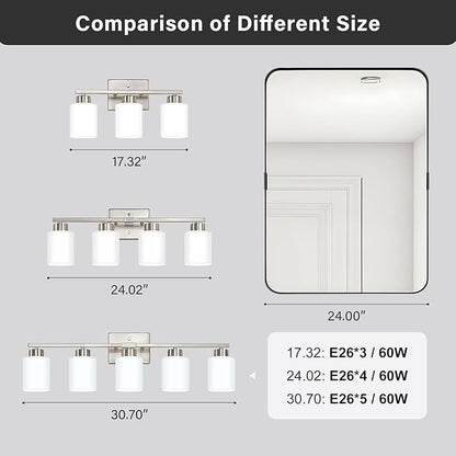 FonmYim Brushed Nickel Bathroom Light Fixtures, 5-Light Modern Vanity Light Over Mirror, Wall Sconces with Milky White Frosted Glass Shades, E26 Socket (Bulbs Not Included)
