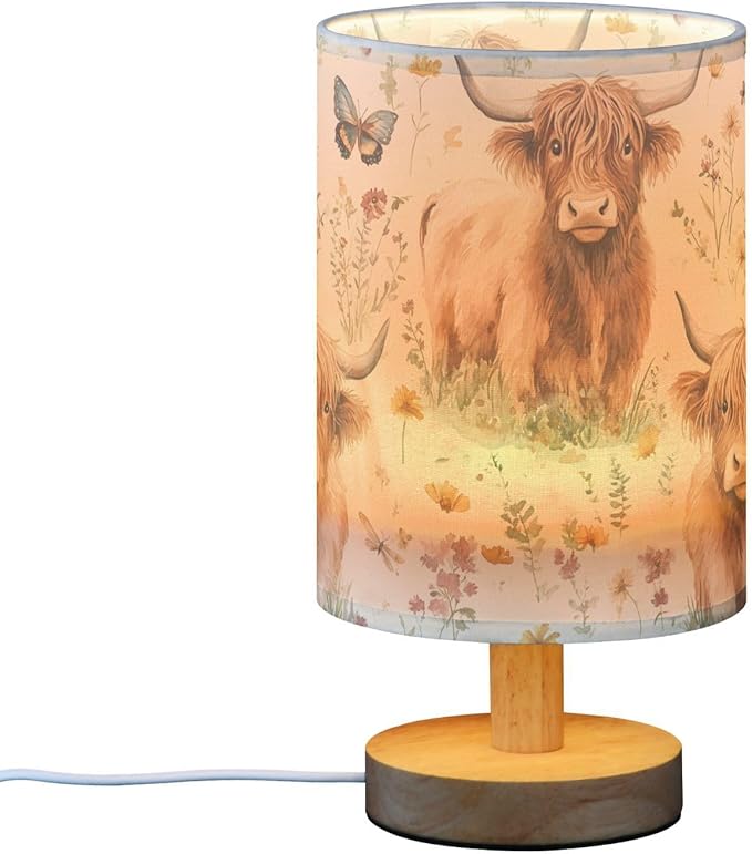 Bedside Table Lamp Highland Cow Butterfly Flowers Nightstand Lamp with Wood Desk Lamps for Bedroom Living Room Nursery Office Home Decor